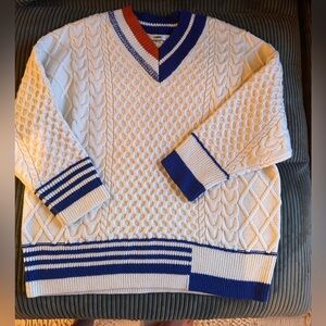 J.ING Oversized White and Blue V-Neck Sweater with Cable Knit